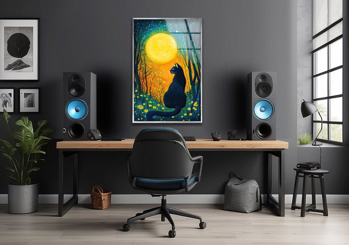 Cat and The Moon Glass Wall Art large glass photo prints, glass wall photos
