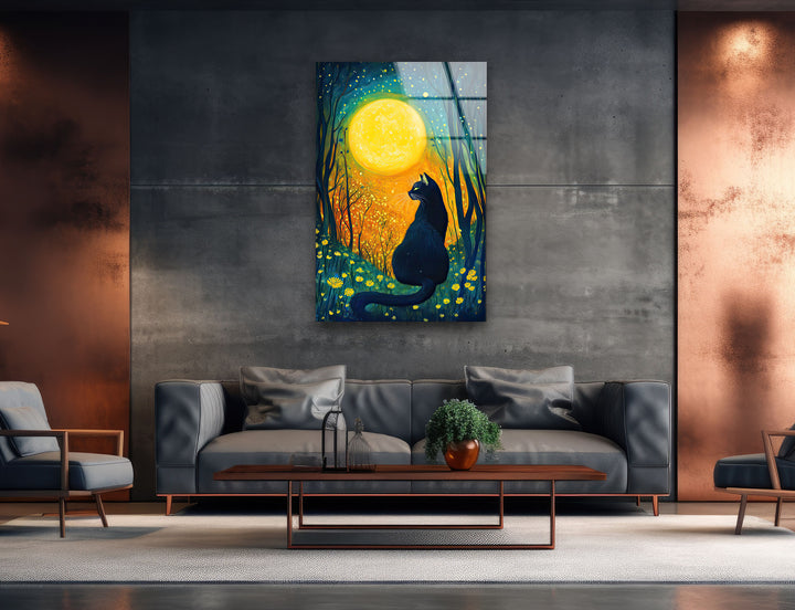 Cat and The Moon Glass Wall Art custom glass photo prints, large glass prints
