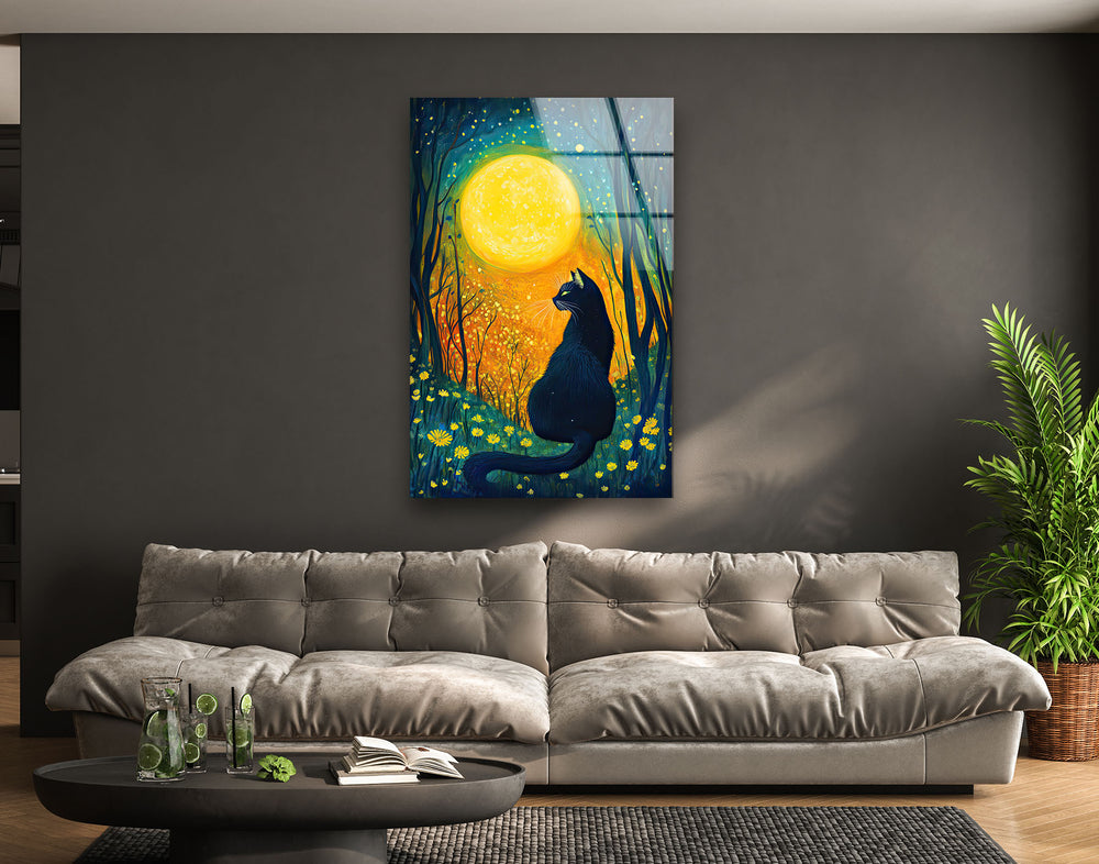 Cat and The Moon Glass Wall Art glass art painting, glass art for the Wall
