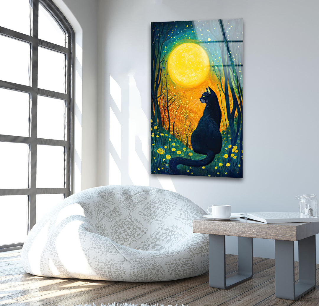 Cat and The Moon Glass Wall Art glass photo prints, glass picture prints
