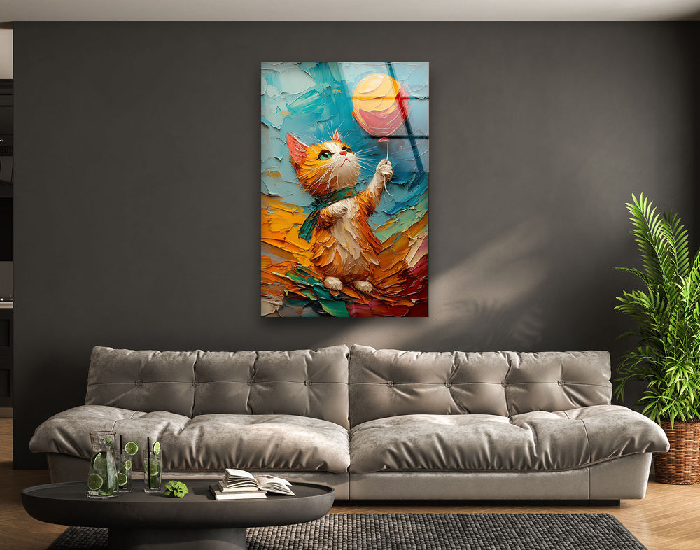 Cat Holding Balloon Glass Wall Art glass art painting, glass art for the Wall
