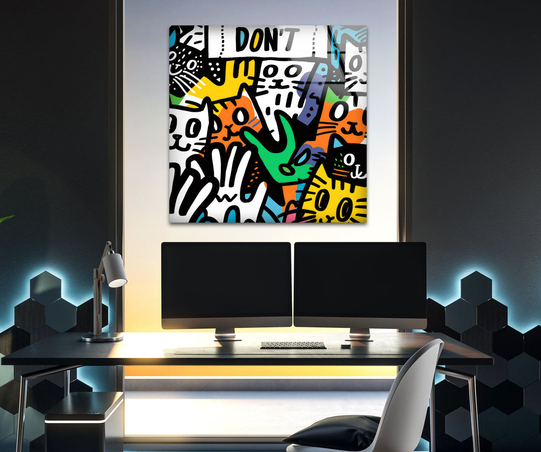 Cats in The Style of Keith Haring Glass Wall Art large glass photo prints, glass wall photos
