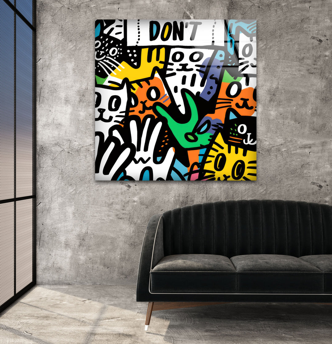 Cats in The Style of Keith Haring Glass Wall Art custom glass pictures, glass art prints
