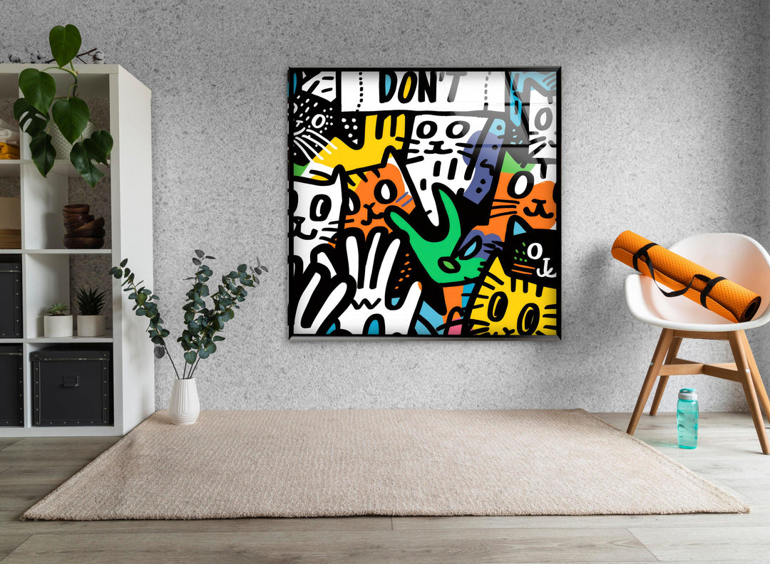 Cats in The Style of Keith Haring Glass Wall Art photo print on glass, prints on glass wall art
