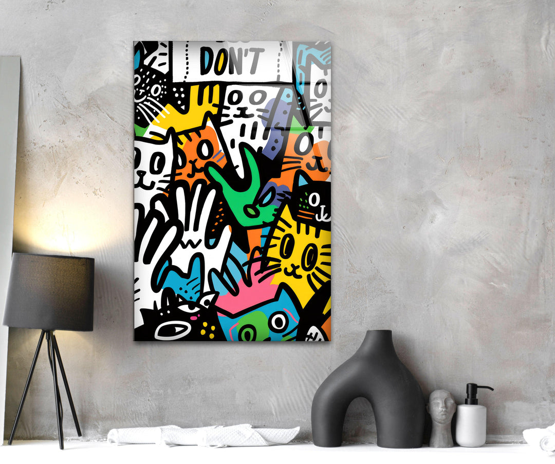 Cats in The Style of Keith Haring Glass Wall Art print on glass, glass printed photos
