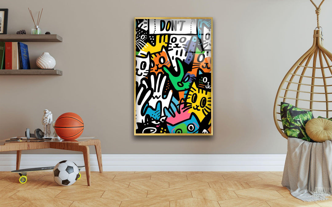 Cats in The Style of Keith Haring Glass Wall Art print picture on glass, Tempered Glass Wall Art
