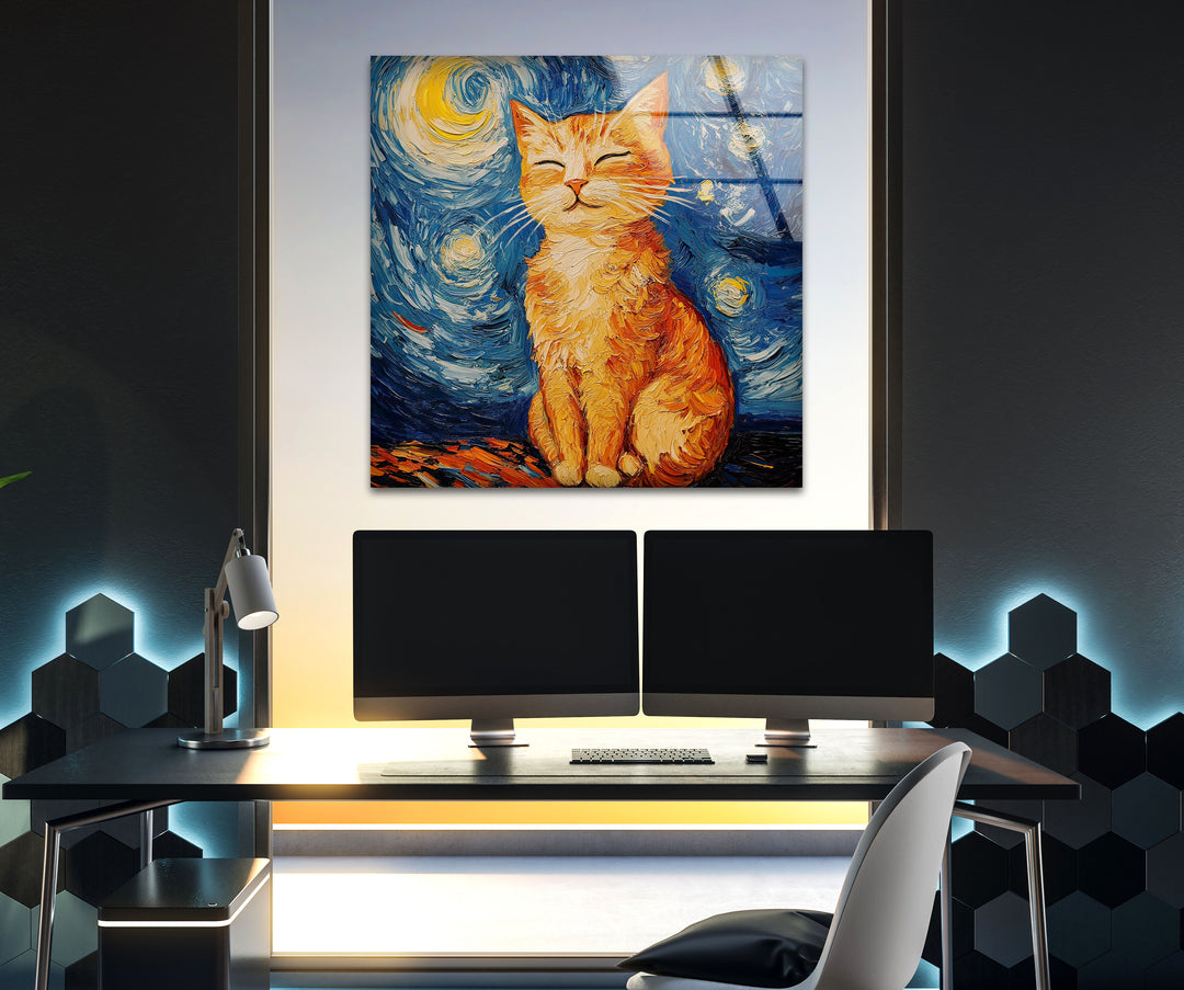 Cat Stile Van Gogh Glass Wall Art photo print on glass, prints on glass wall art
