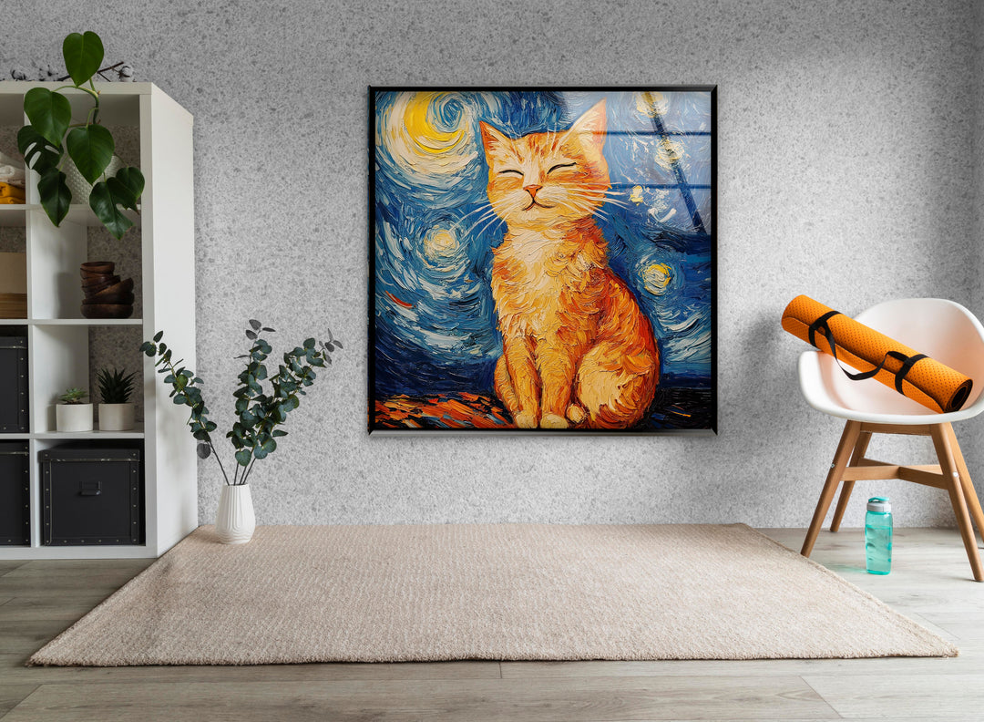 Cat Stile Van Gogh Glass Wall Art custom glass pictures, glass art prints
