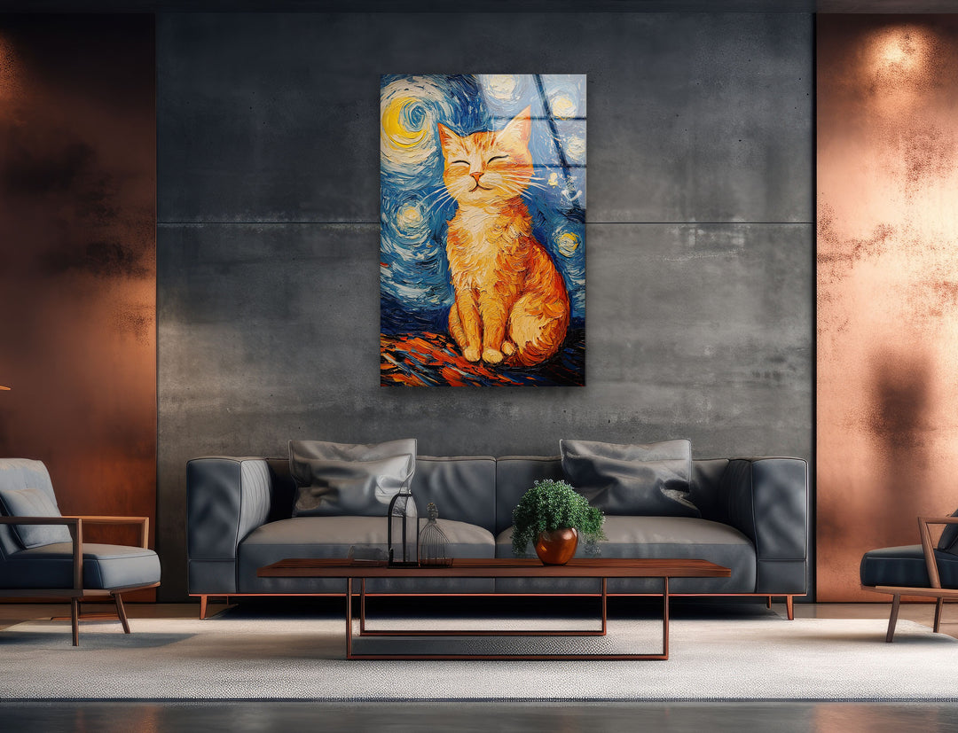 Cat Stile Van Gogh Glass Wall Art custom glass photo prints, large glass prints
