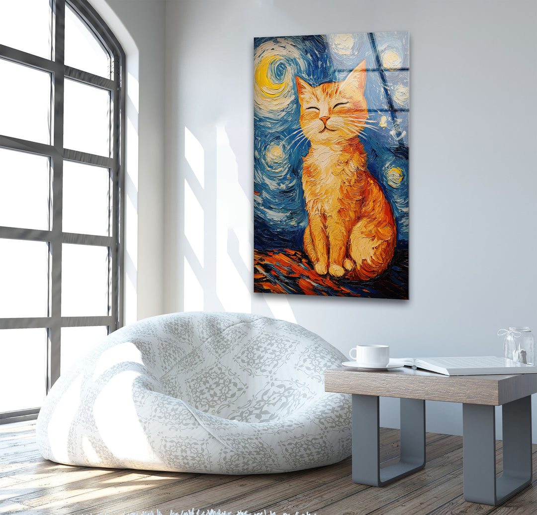 Cat Stile Van Gogh Glass Wall Art print picture on glass, Tempered Glass Wall Art
