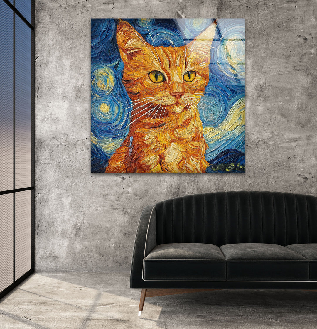 Orange Cat Stile Van Gogh Glass Wall Art glass art painting, glass art for the Wall
