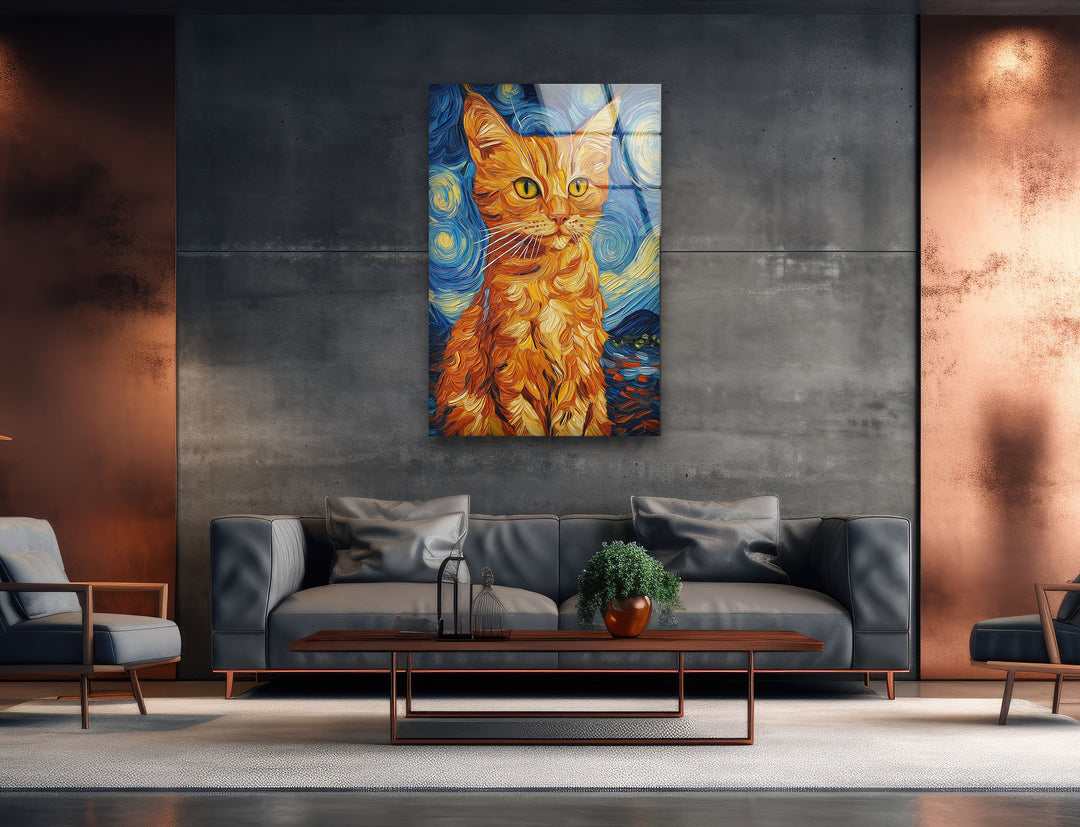 Orange Cat Stile Van Gogh Glass Wall Art glass image printing, glass prints from photos
