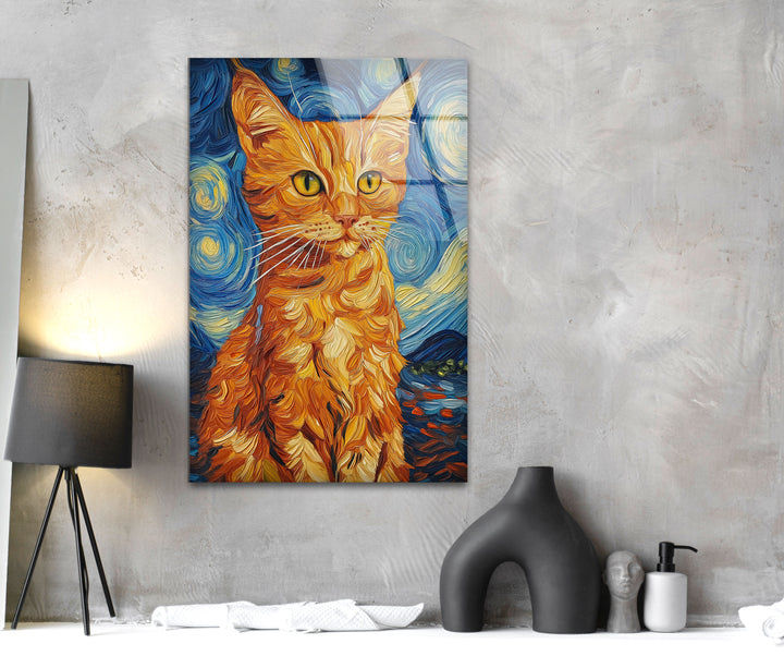 Orange Cat Stile Van Gogh Glass Wall Art glass pictures for Wall, glass prints wall art
