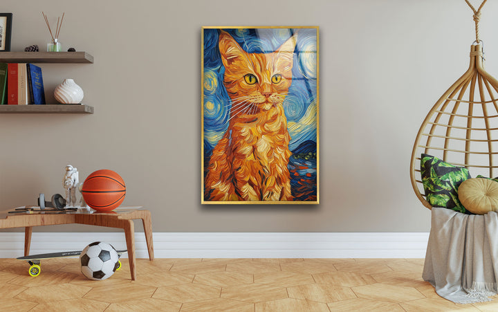 Orange Cat Stile Van Gogh Glass Wall Art custom glass pictures, glass art prints
