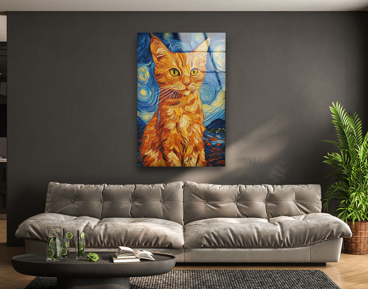 Orange Cat Stile Van Gogh Glass Wall Art stained glass wall art, stained glass wall decor
