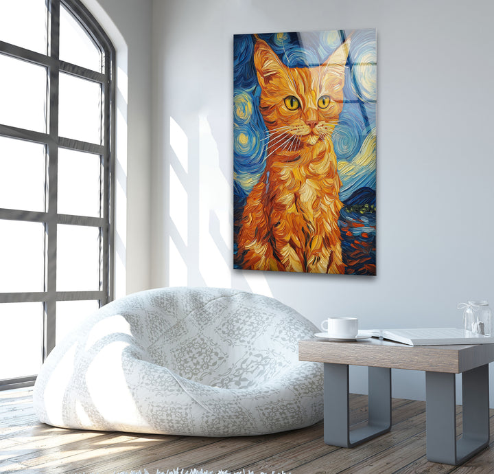 Orange Cat Stile Van Gogh Glass Wall Art photo print on glass, prints on glass wall art
