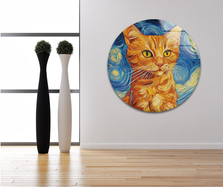 Orange Cat Stile Van Gogh Glass Wall Art large glass photo prints, glass wall photos
