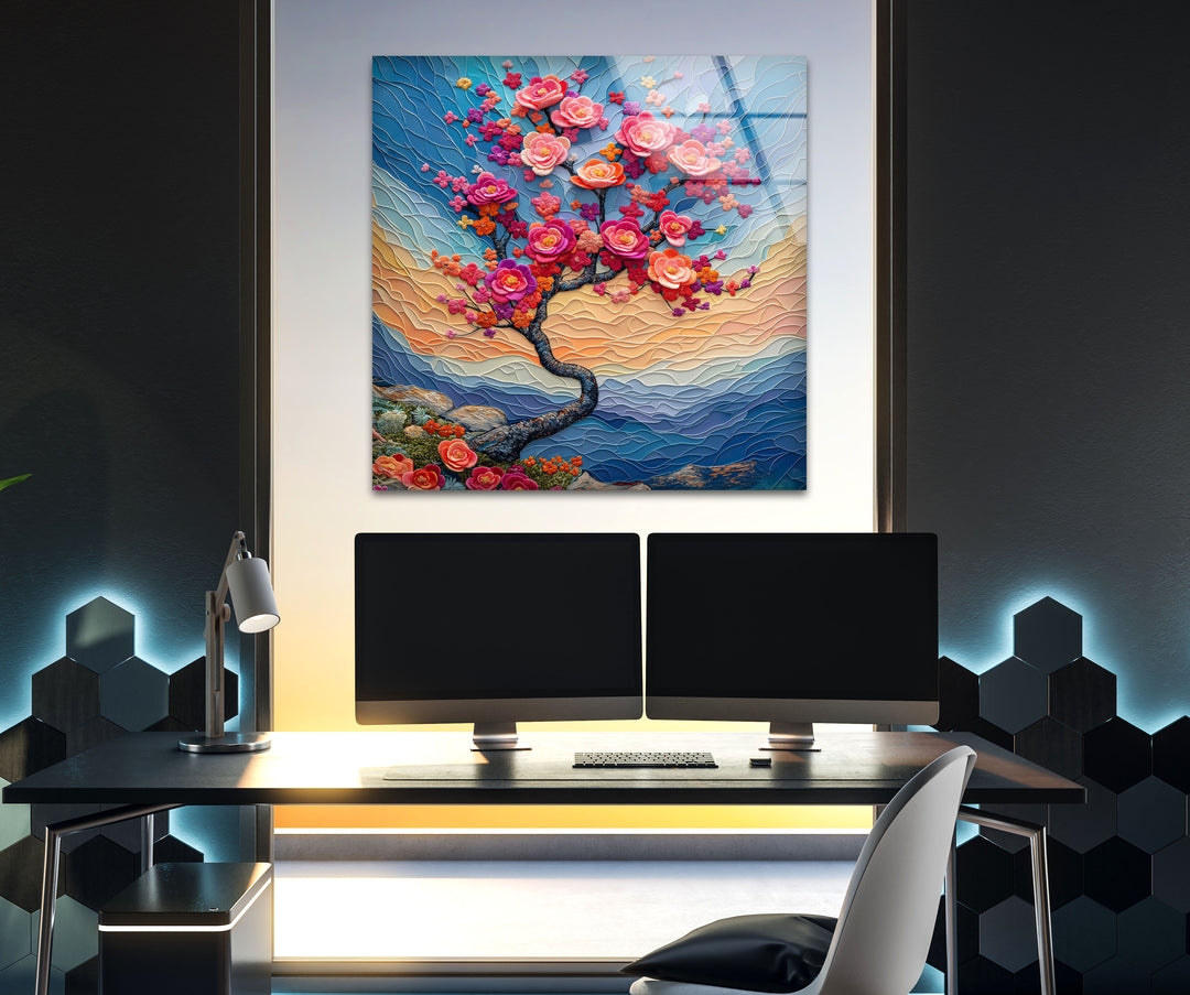 Cherry Blossom Tree Glass Wall Art glass art painting, glass art for the Wall
