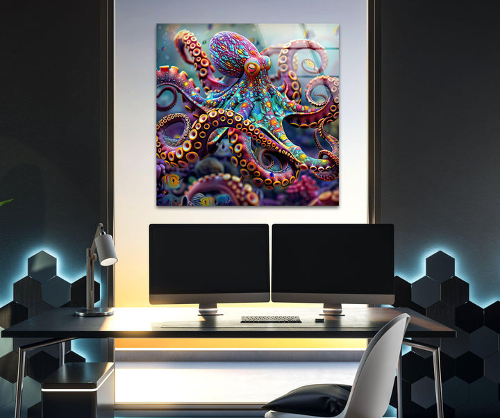 Colored Octopus Glass Wall Art custom glass pictures, glass art prints
