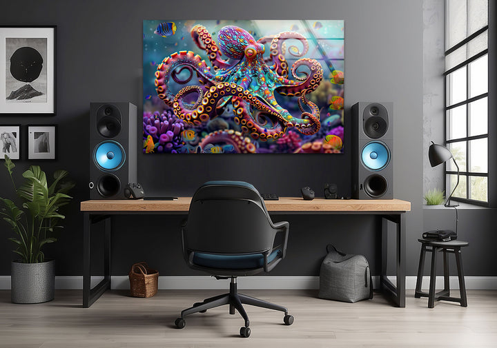 Colored Octopus Glass Wall Art photo print on glass, prints on glass wall art
