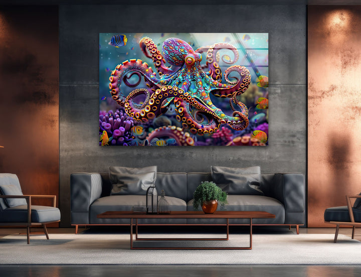 Colored Octopus Glass Wall Art large glass photo prints, glass wall photos
