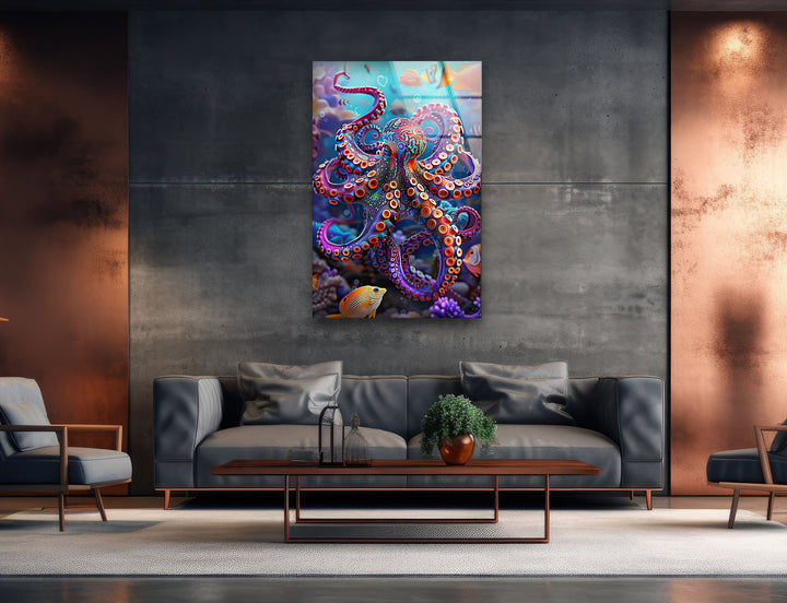 Colored Vivid Octopus Glass Wall Art Glass Printing Wall Art, Print photos on glass
