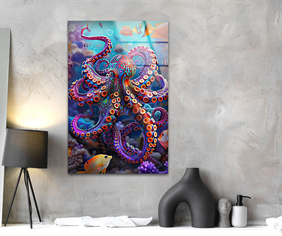 Colored Vivid Octopus Glass Wall Art glass photo prints, glass picture prints
