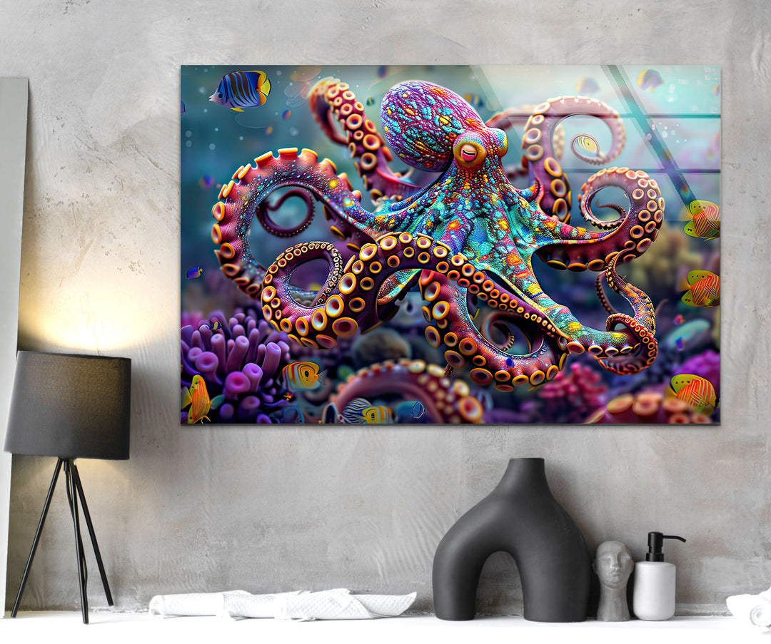 Colored Octopus Glass Wall Art custom glass photo prints, large glass prints
