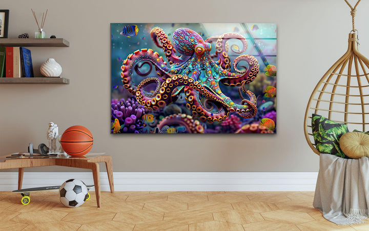 Colored Octopus Glass Wall Art picture on glass wall art, photos printed on glass
