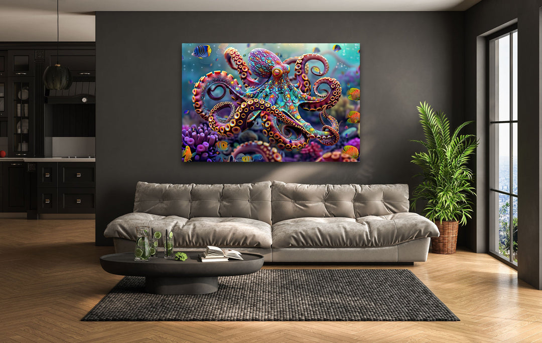 Colored Octopus Glass Wall Art glass photo prints, glass picture prints
