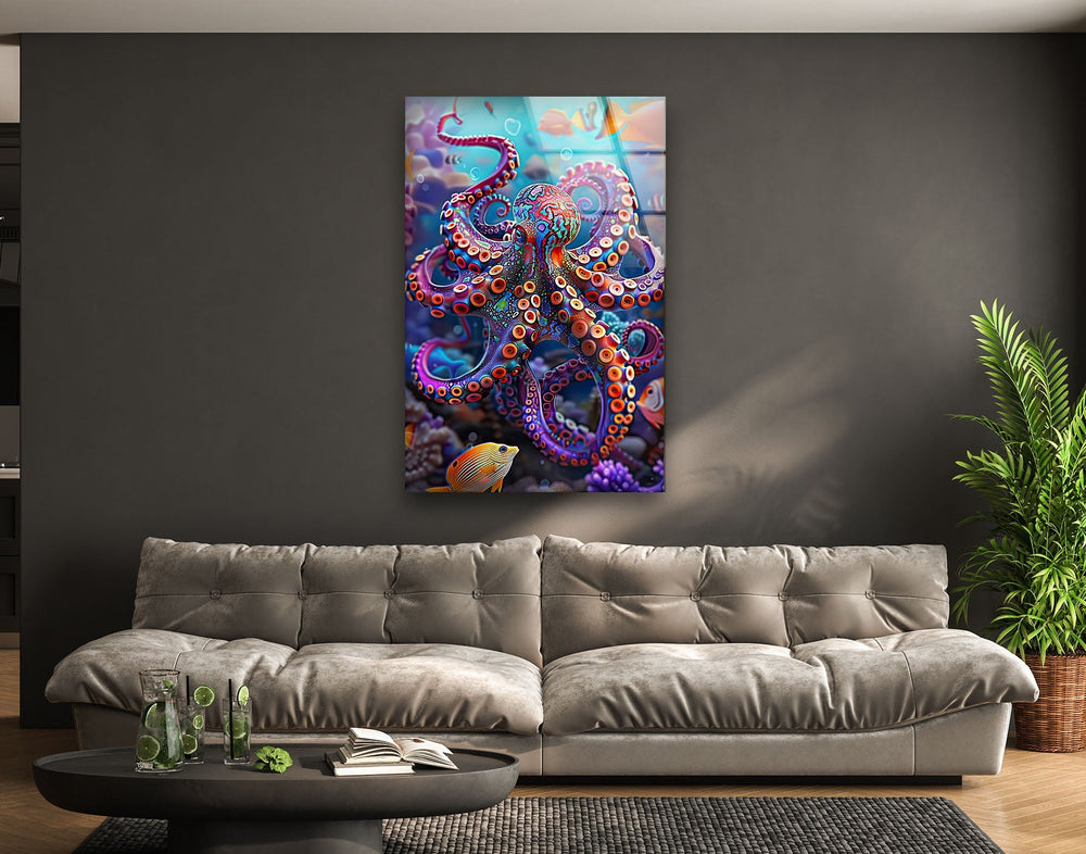 Colored Vivid Octopus Glass Wall Art stained glass wall art, stained glass wall decor
