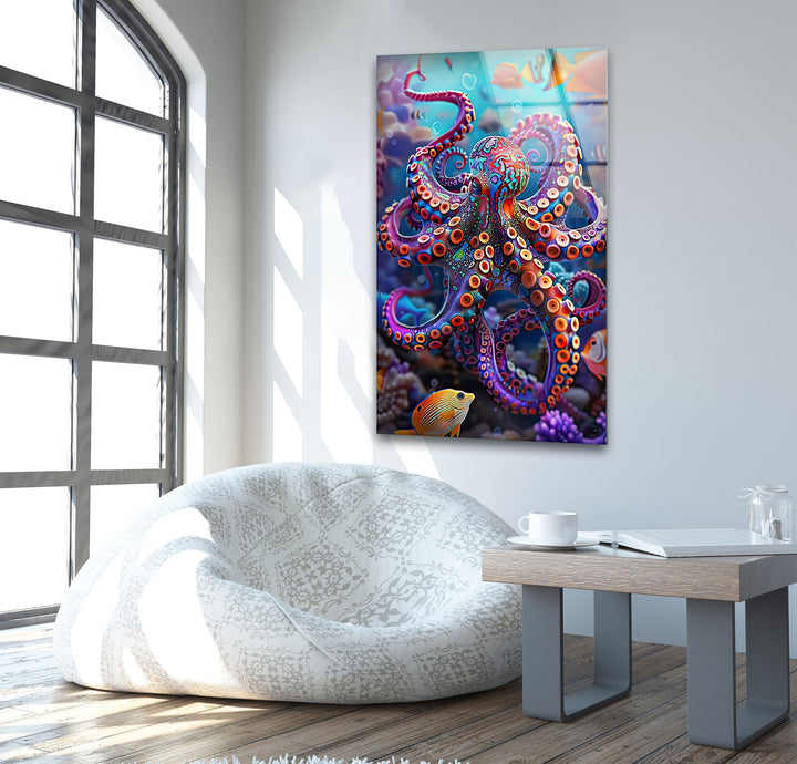 Colored Vivid Octopus Glass Wall Art glass pictures for Wall, glass prints wall art
