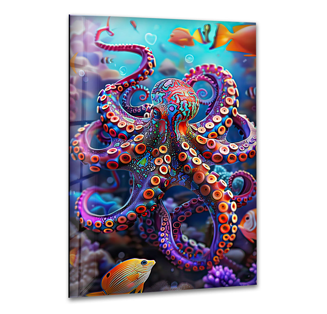 Colored Vivid Octopus Glass Wall Art glass wall decor, glass wall art decor
