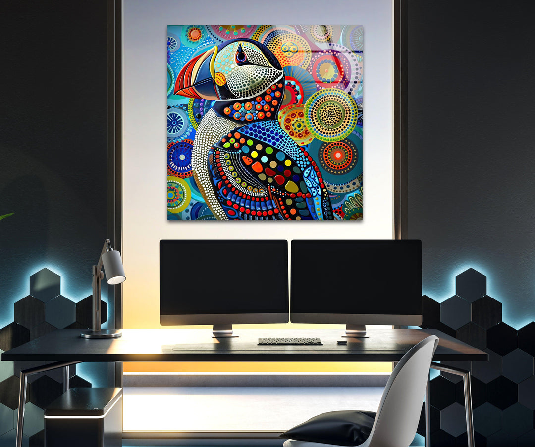 Colorful Puffin in The Style of Yayoi Glass Wall Art custom glass pictures, glass art prints
