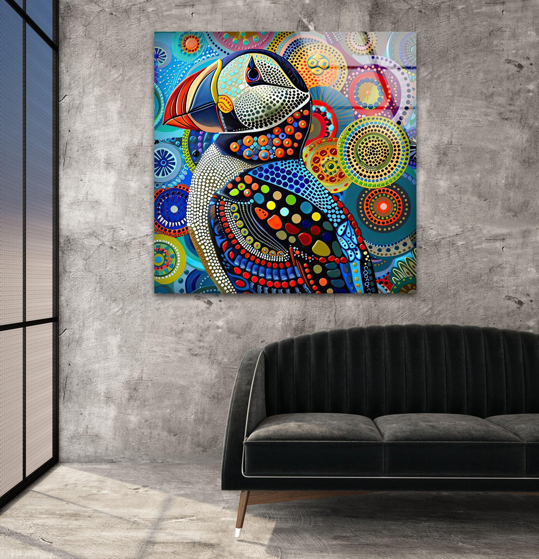 Colorful Puffin in The Style of Yayoi Glass Wall Art glass image printing, glass prints from photos
