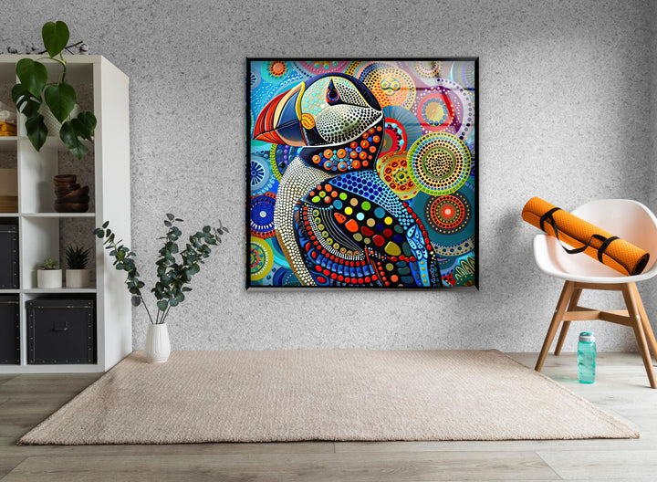 Colorful Puffin in The Style of Yayoi Glass Wall Art glass pictures for Wall, glass prints wall art
