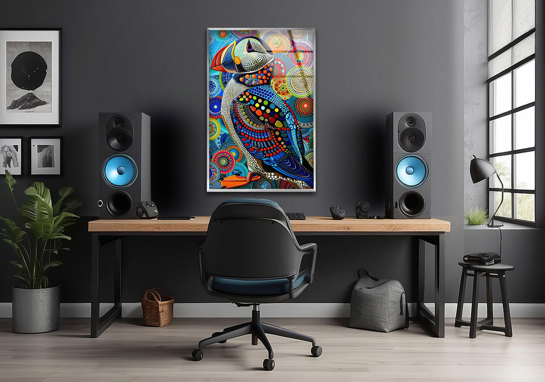 Colorful Puffin in The Style of Yayoi Glass Wall Art photo print on glass, prints on glass wall art
