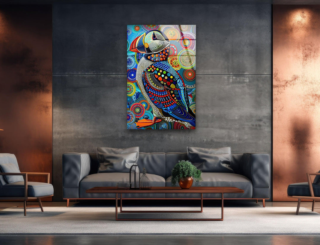 Colorful Puffin in The Style of Yayoi Glass Wall Art large glass photo prints, glass wall photos
