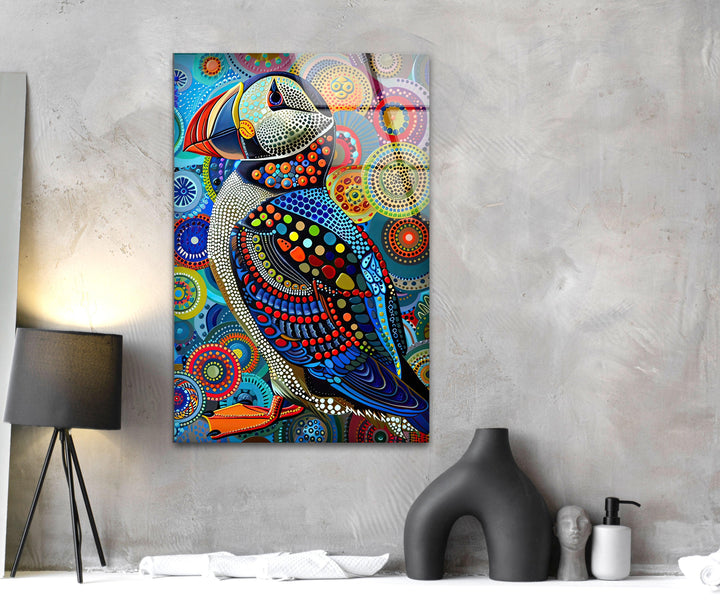 Colorful Puffin in The Style of Yayoi Glass Wall Art custom glass photo prints, large glass prints
