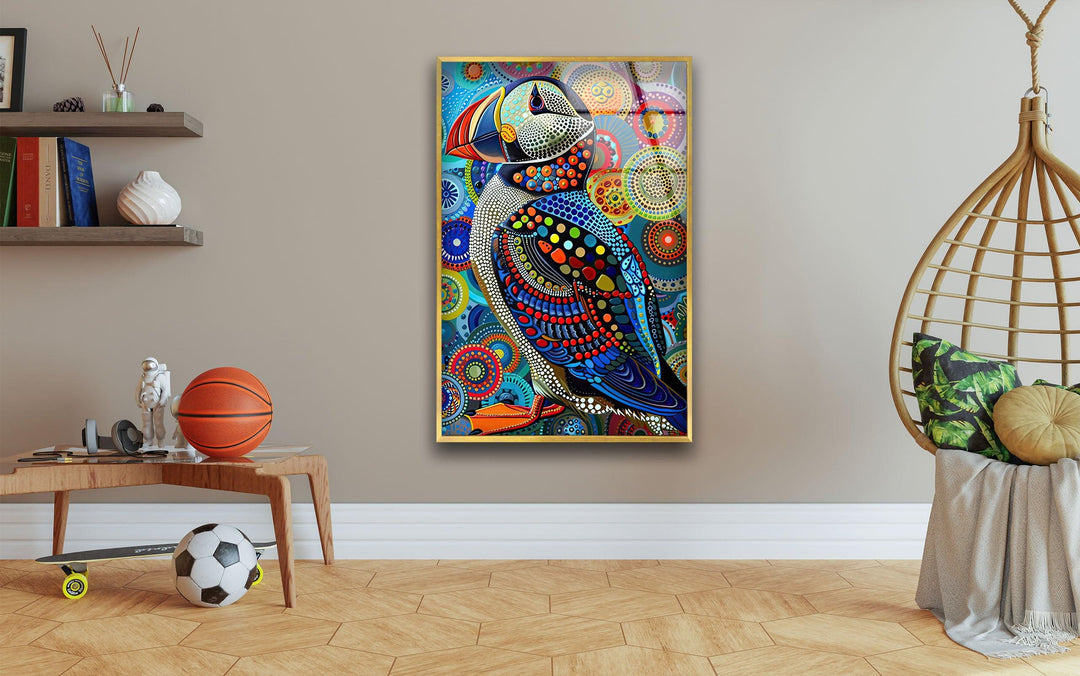 Colorful Puffin in The Style of Yayoi Glass Wall Art print picture on glass, Tempered Glass Wall Art
