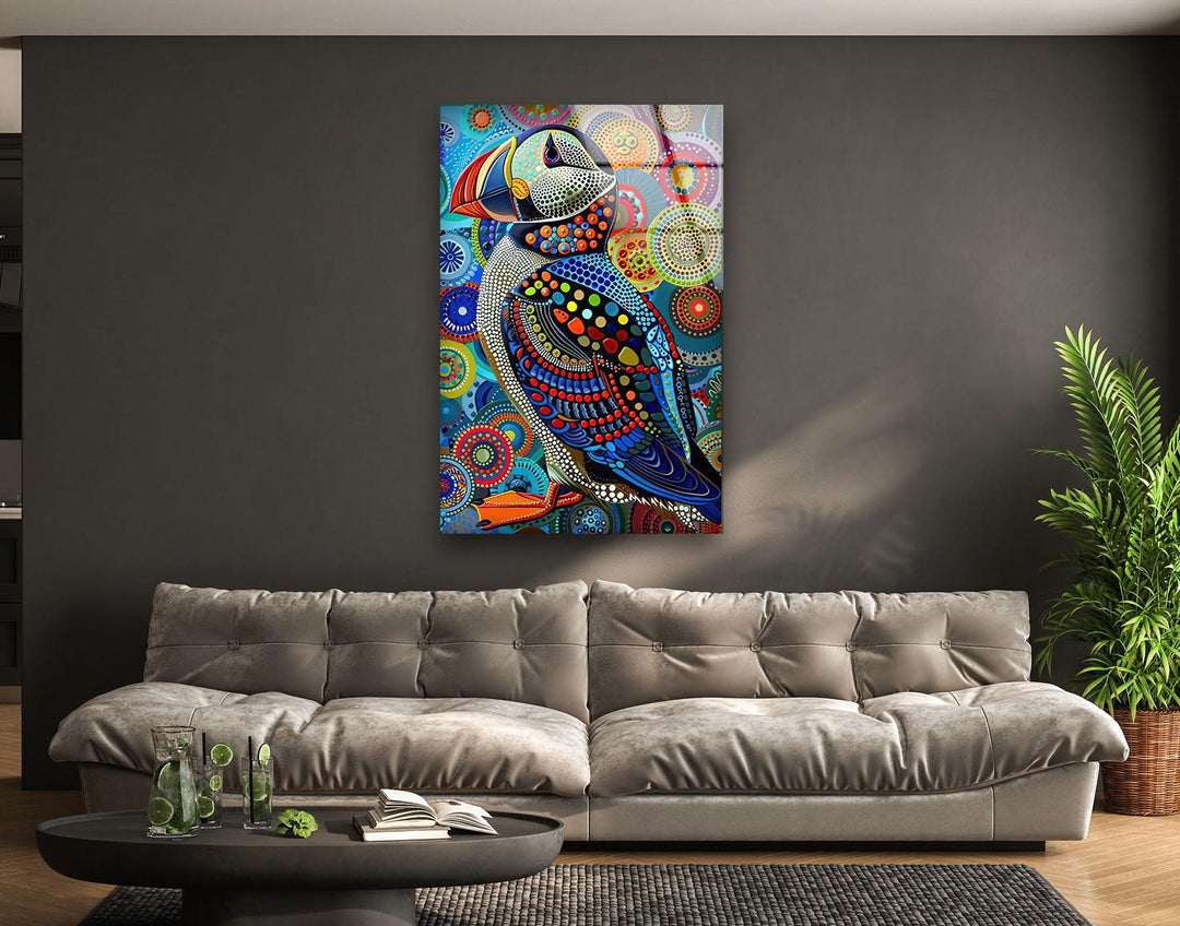 Colorful Puffin in The Style of Yayoi Glass Wall Art glass wall decor, glass wall art decor
