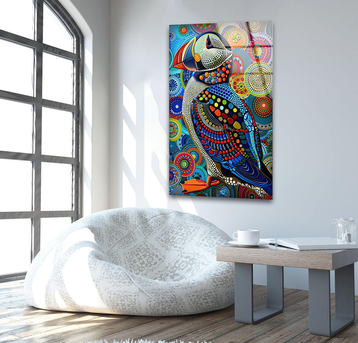 Colorful Puffin in The Style of Yayoi Glass Wall Art glass wall decor, glass wall art decor
