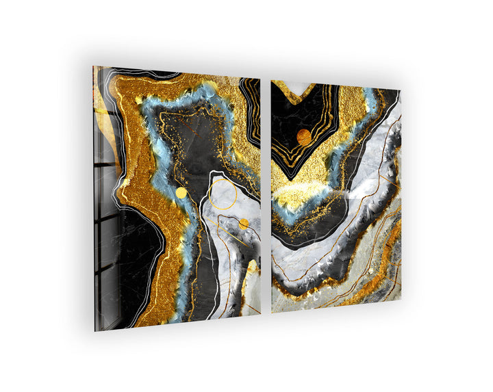 Black, White With Gold Shimmer Marble Glass Wall Art, glass art painting, glass art for the Wall