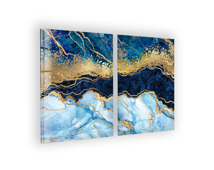 Navy Blue & Gold Marbling Abstract Glass Wall Art, custom glass pictures, glass art prints