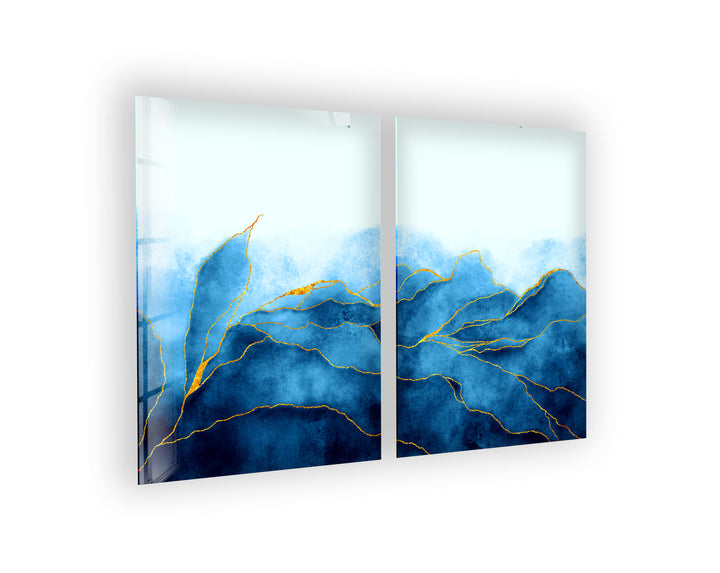 Gold Veined Blue Marble Glass Wall Art, large glass photo prints, glass wall photos