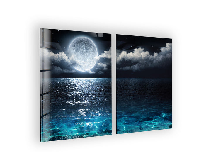 Moon Over Deep Blue Sea Glass Wall Art, large glass photo prints, glass wall photos