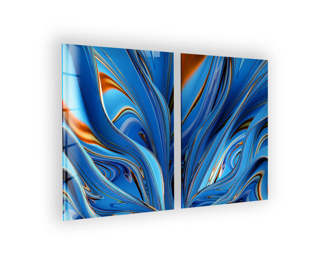 Blue, Orange Fractal Lines Abstract Glass Wall Art, glass pictures for Wall, glass prints wall art