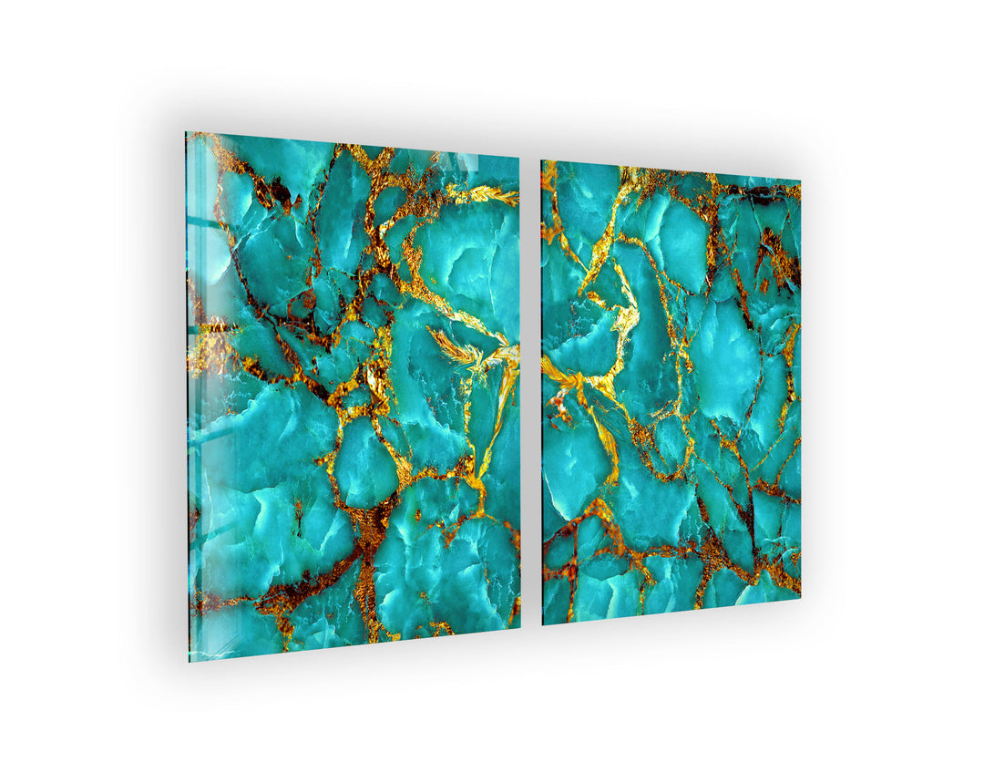 Turquoise With Gold Veins Marbling Glass Wall Art, glass photo prints, glass picture prints