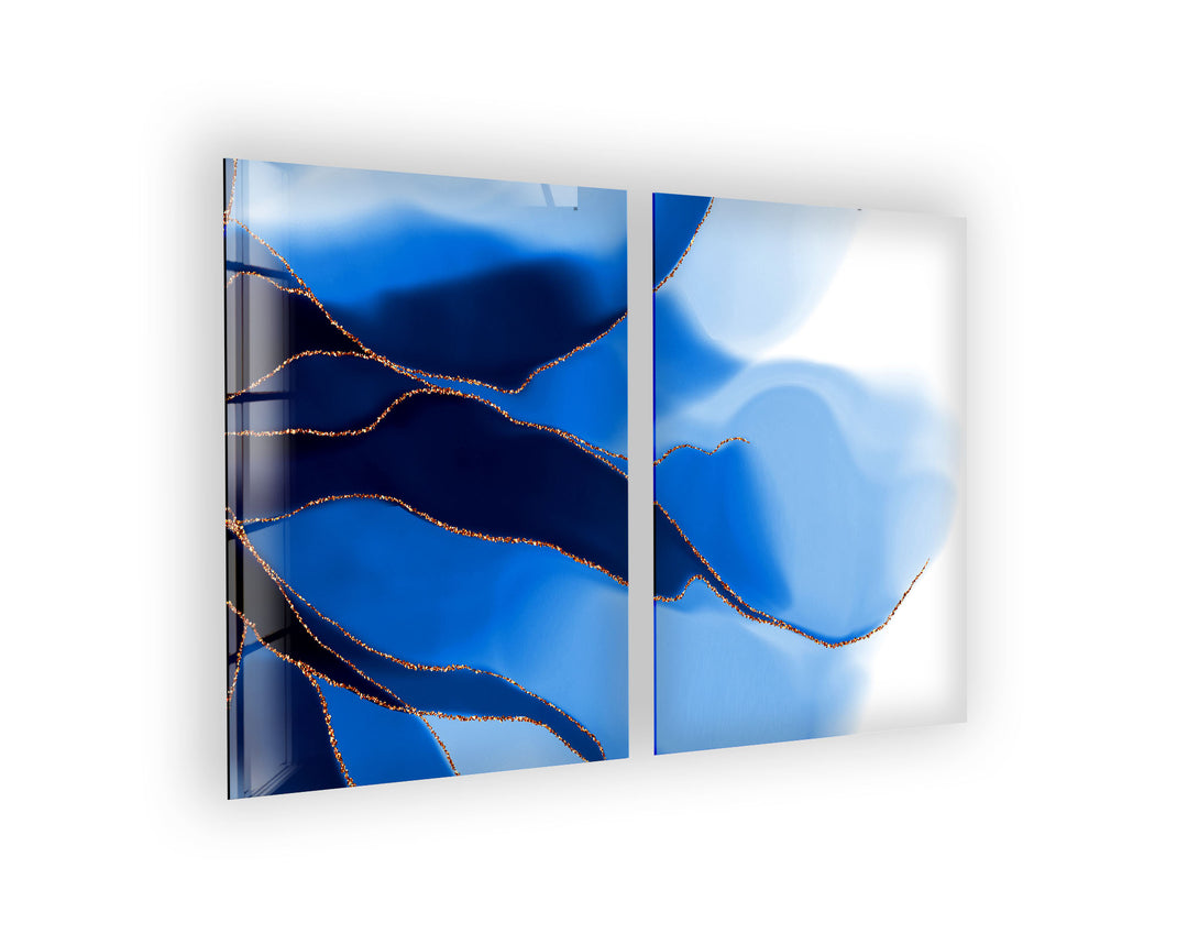 Golden Veins Blue Alcohol ink Abstract Glass Wall Art, print on glass, glass printed photos