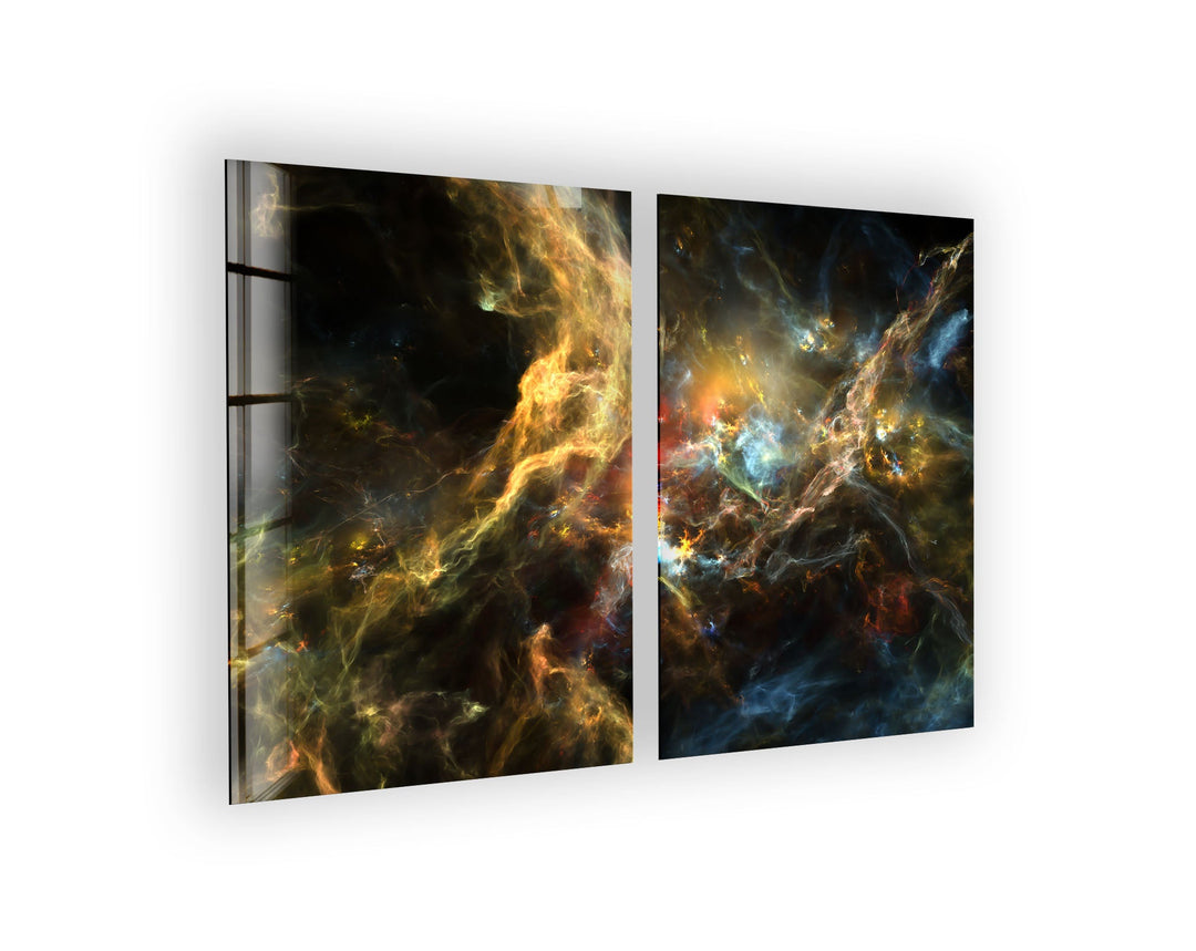 Yellow Dark Fractal Cosmic Space Glass Wall Art, Glass Printing Wall Art, Print photos on glass